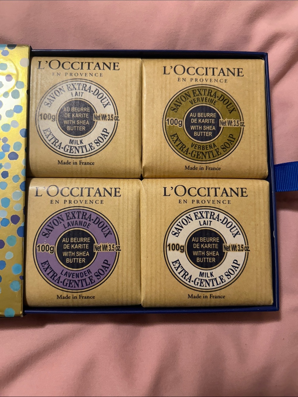 L'OCCITANE Gold Box set with four soaps. Made in France. Great gift.